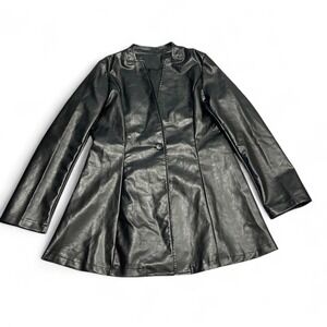Shein Black Faux Leather Collarless Blazer Jacket Single Button A-LineCoat Large
